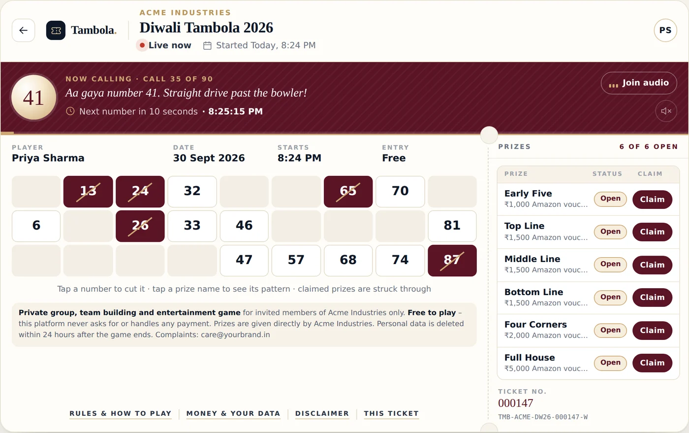 The tambola ticket a participant sees on their phone